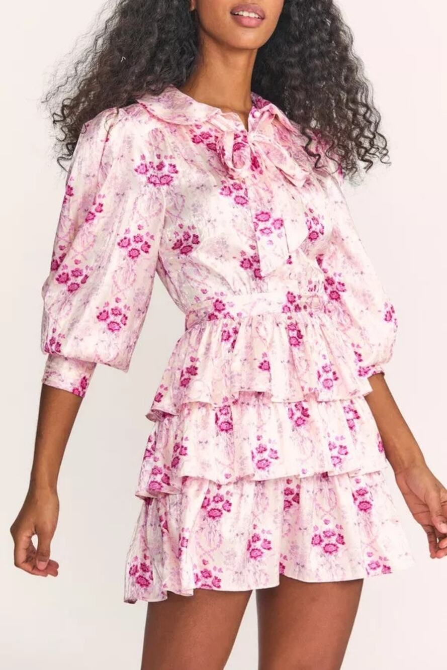 New LoveShackFancy Daly Dress Pink Floral Ruffle Layered Zip Long Sleeve Sz 10